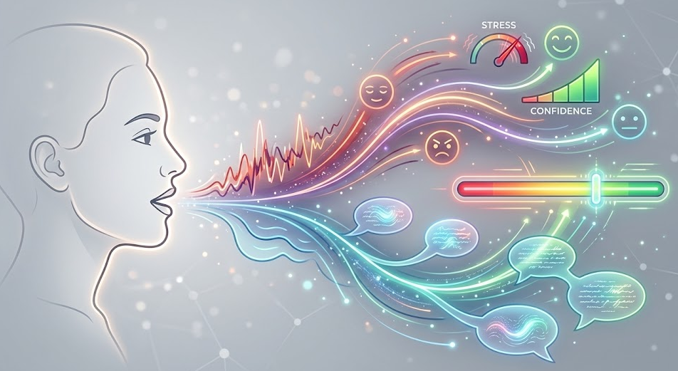 Conceptual diagram of real-time voice analysis system within soft skills training